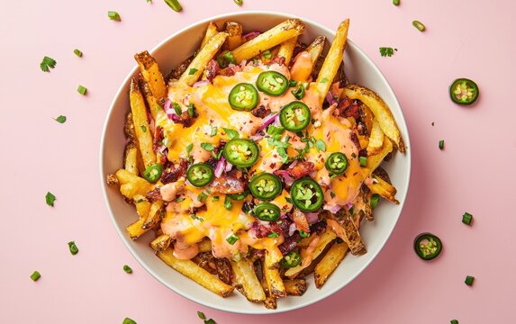Loaded fries bursting with cheddar, jalape&Atilde;?os, pastel pink background
