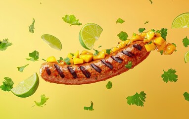 A tender chicken sausage mid-air with a vibrant mango-lime sauce wave, paired with floating cilantro leaves and lime wedges, on a gradient yellow-to-green background