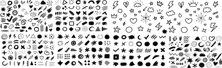 Scribble doodle line shapes set. Hand drawn design elements collection. Black brush strokes bundle.