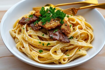 Delicious pasta dish with fried chicken liver. Creamy sauce coats wide pasta. Fried liver, parsley garnish pasta. Served in white bowl. Top view of homemade rustic Italian meal. Looks tasty, ready to
