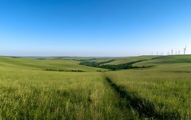 Obraz premium Wide-open field of rolling green hills with distant wind turbines harnessing renewable energy under clear skies