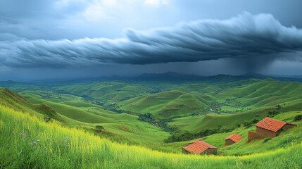 Fototapeta premium Stormy sky over green hills.