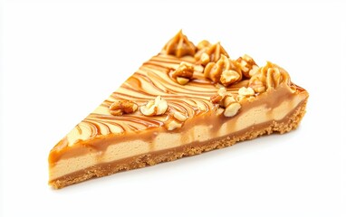 Peanut butter cheesecake slice with swirls of caramel and nuts, bright white background