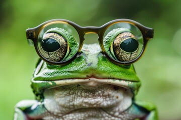 Funny close up portrait of a green frog wearing round eyeglasses, showcasing a humorous and intelligent appearance