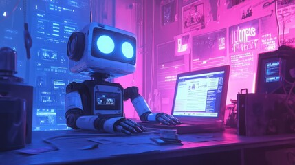 Robot working on laptop at desk with glowing blue eyes in a retro sci-fi office setting