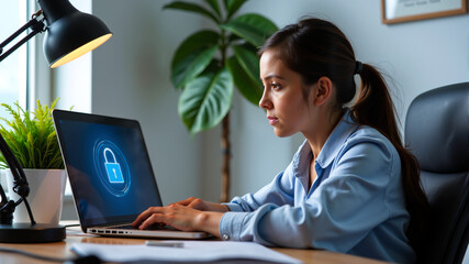 A woman working on a laptop with a lock icon symbolizing cybersecurity – Digital safety,...