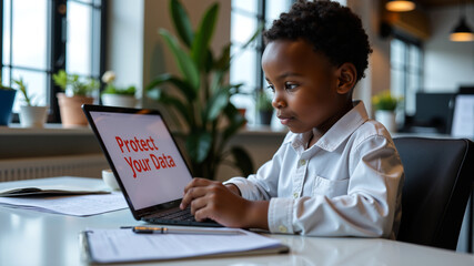 African american child working on a laptop with "Protect Your Data" displayed on the screen – Digital protection, Data security, Cyber safety for kids