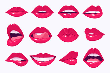 Vector illustration of female lips with bright lipstick in different expressions - showing tongue, smiling, kissing, surprised, etc. Seductive and sexy lips. Dazzling smile.