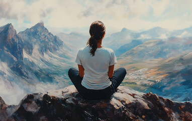 Naklejka premium Young woman seated on a mountain peak, her gaze fixed on the horizon, embodying reflection and a deep bond with nature