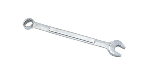 Combination wrench or spanner is a tool used to provide grip and turn nuts and bolts, and similarly shaped objects. It has an open and ring end. isolated on white background with copy space © Chase D’Animulls