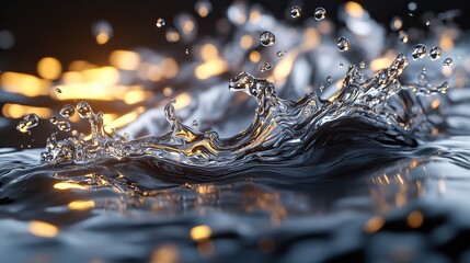 A frozen moment capturing an impact of glowing silver liquid splashing against a surface