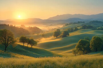 Obraz premium Tranquil Spring Awakening: Golden Sunrise Over Peaceful Countryside