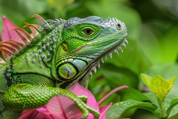 Obraz premium Close up of vibrant green iguana perched on a pink flower, showcasing its intricate scales and captivating gaze within a tropical environment