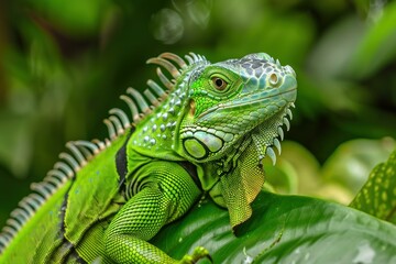 Obraz premium Bright green iguana resting on a large green leaf in a lush tropical rainforest