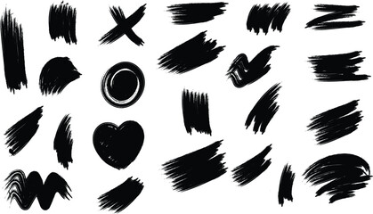 Dried brush strokes and splatter paint smudges for dirty design - logo, banners, flyers, cards, text box. Template hipsters stickers. Mud brushstroke, lines grunge, ink stencil, grunge. Vector Bundle 