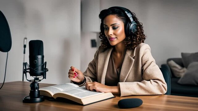 Female voice actress reading a book.