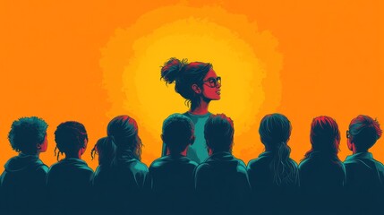 Girl leader, group looking up, hopeful future.