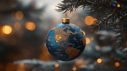 A festive ornament shaped like a globe on a Christmas tree. Ideal for themes of global unity, holiday celebrations, and festive greetings.