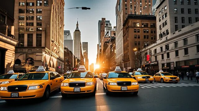 Many yellow taxis in New York.