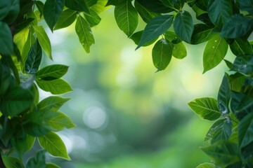 Obraz premium Lush green leaves create a natural frame around a soft, blurred background, evoking a sense of tranquility and freshness