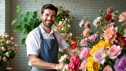 smiling florist man arranging pink and orange flowers in bright flower shop, lush floral decor and natural light, professional and festive, Valentines Day, florists, flower shop, delivery.