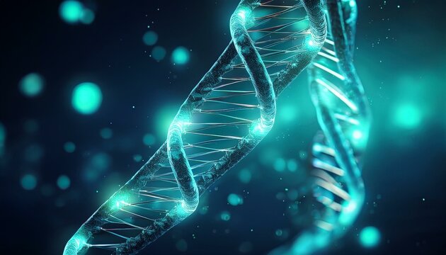 abstract double helix of dna with glowing particles on dark background futuristic bi roxie and stock photo ai smooth render turquoise color