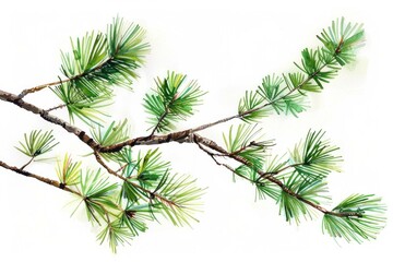 Obraz premium Lush green pine branch illustrating the beauty of nature through delicate watercolor strokes