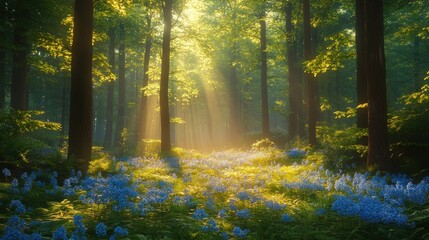Naklejka premium Sunny forest with blue flowers.