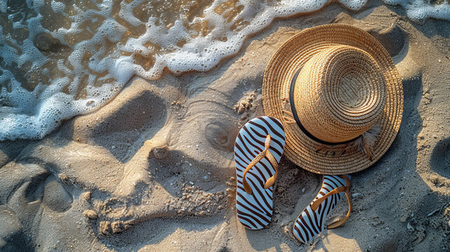 A straw hat and a pair of flip flops are on the beach - Powered by Adobe
