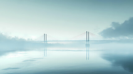 Bridge over the bay with a misty veil and a calm sea, frosty atmosphere, bridge. Frosty Bay. Illustration