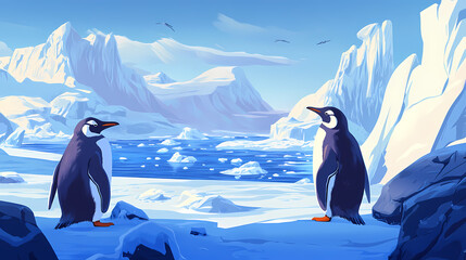 Glacial bay setting with penguins, playful icy activities, cold wilderness. Frosty Bay. Illustration