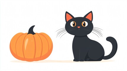 Obraz premium Halloween Cat and Pumpkin Wide Angle Centered Composition