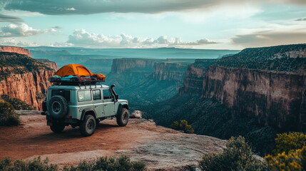 Off-Road SUV Overlooking Canyon at Sunset