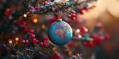 A festive ornament shaped like a globe on a Christmas tree. Ideal for themes of global unity, holiday celebrations, and festive greetings.
