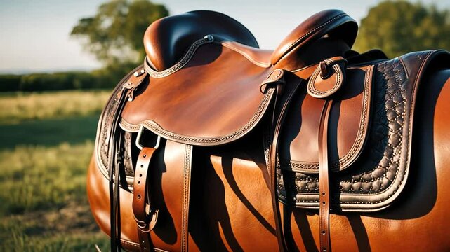 Close up view of the saddle on a horse. Putting on the saddle.