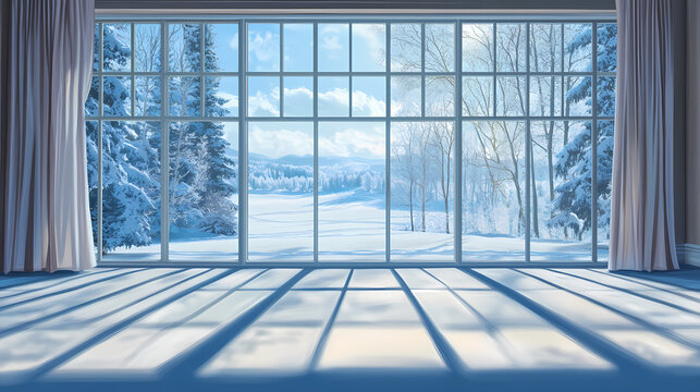 Interior view bay window composition, snowy winter landscape, sunlit scene, winter wonderland, light and shadow winter scenery, snowscape, sunbeams. Frosty Bay. Illustration