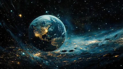 Obraz premium Stunning Nighttime Perspective of Earth from Space, with Glowing City Lights Illuminating the Landmasses, and Stars Scattered in the Distance