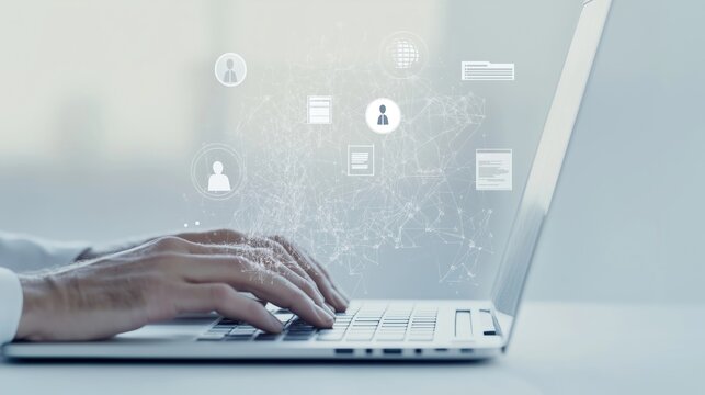 Person types on laptop with digital network graphic over keyboard. Online recruitment process with human resources tech. Person works with modern software tech solutions. Headhunting agency use tech.