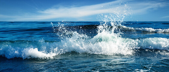 Fototapeta premium Blue sea waves splashing realistic photo, high resolution, water background