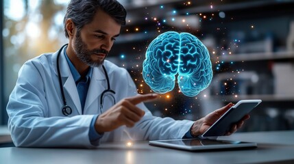 Doctor examines brain hologram on tablet. Medical pro analyzes brain disorder. Futuristic tech used in diagnosis. Lab setting. Study of brain disease. Modern medical research. Innovation in