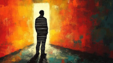 Obraz premium Silhouette facing bright doorway, fiery textured background.