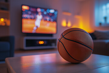 A basketball resting on a polished wooden floor in a bright living room, with sunlight streaming through windows and a TV in the background showing a blurred basketball game, blending sports and home 