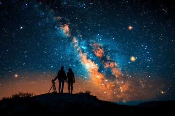 Fototapeta premium Silhouette of couple with telescope observing vibrant Milky Way galaxy in night sky, perfect for astronomy, romance, or adventure themes. Orange and blue cosmic landscape with starry background.