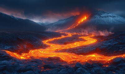 Lava flows down mountain, fiery river.