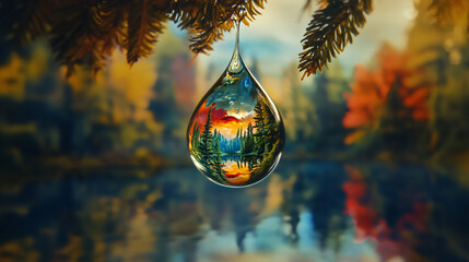 Macro view of a water droplet reflecting a vivid autumn scene with colorful fall foliage, hanging from a leaf against a softly blurred background, symbolizing nature’s beauty and seasonal elegance