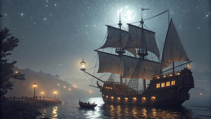 Obraz premium Majestic carrack anchored by moonlight on a serene evening