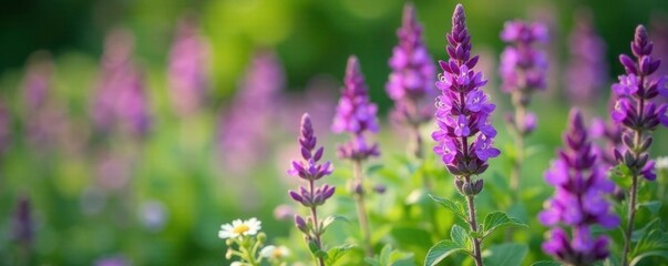 Obraz premium Low growing purple salvia with delicate flowers in a natural garden, flowers, gardens