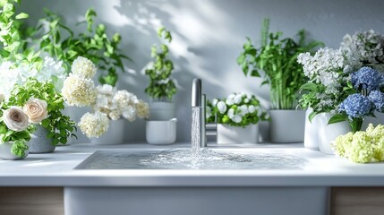 Kitchen sink, flowers, water, sunlight, minimalist design, home decor