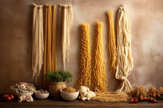 Italian pasta hanging on a wall backdrop