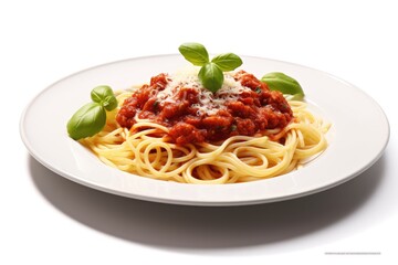 Italian pasta with sauce parmesan cheese on a white oval plate